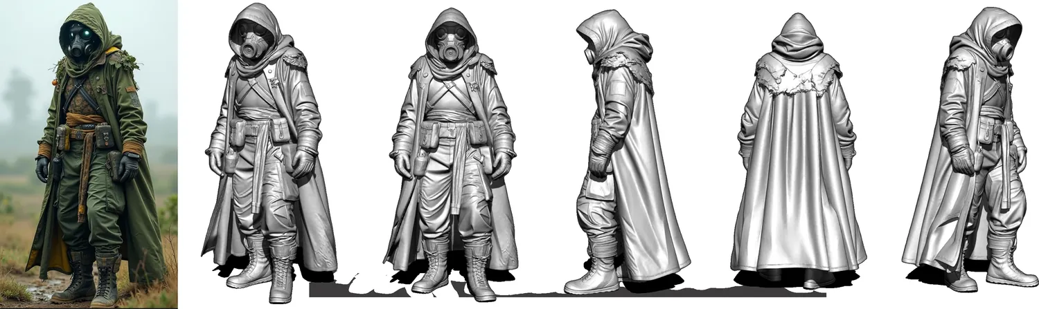 AI-assisted 3D basemesh of a hooded character shown from several angles