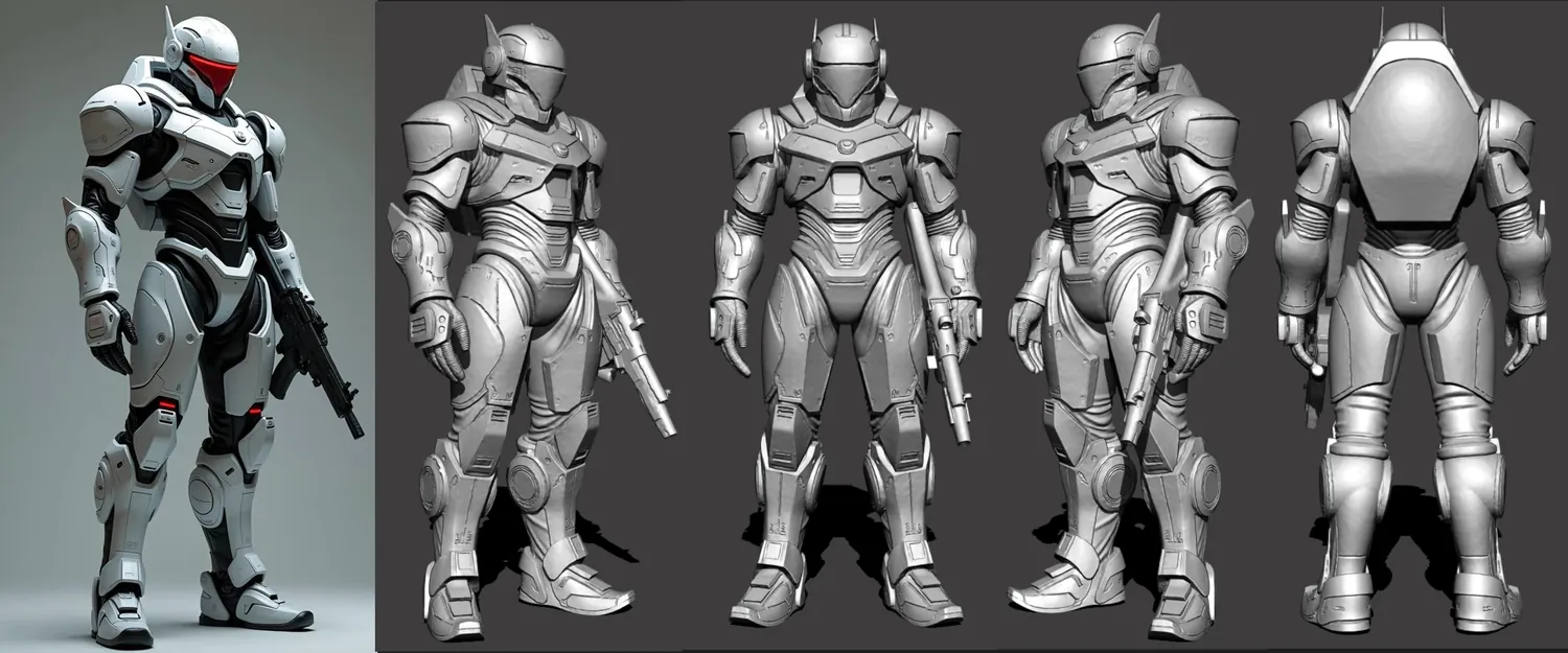 AI-assisted concept art: armored character explored from several angles, then refined by an artist
