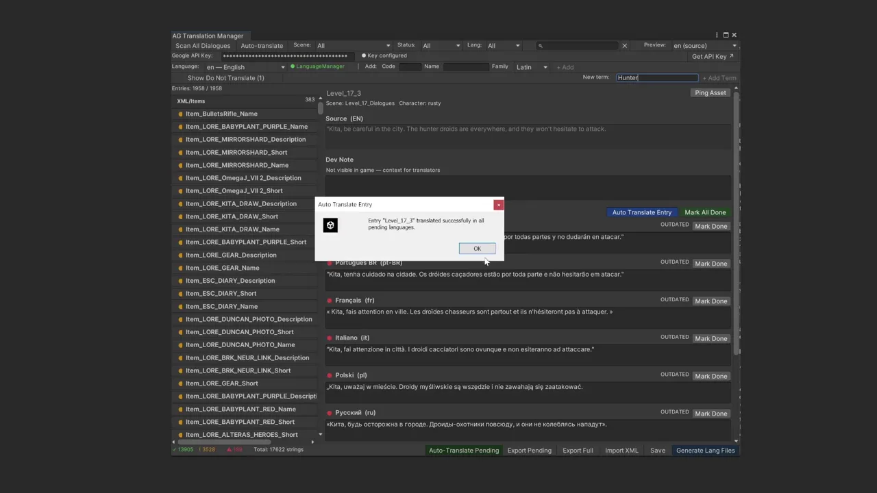 AG Localization demo: Multi-language scripts with full control over tone and terminology.