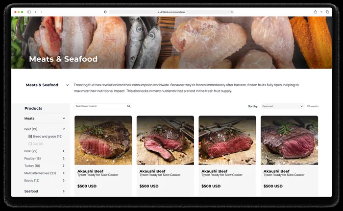 Frozen-food marketplace: meats and seafood category page with product cards